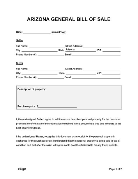 Free Arizona General Bill Of Sale Form PDF Word