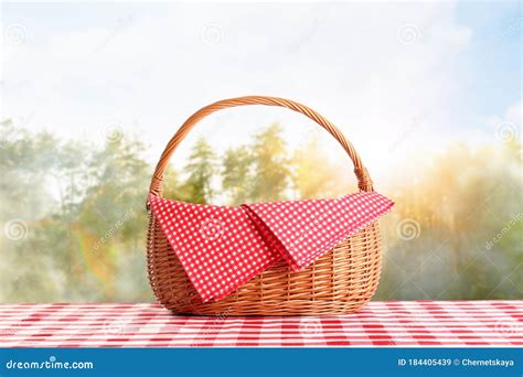 Picnic Basket On Checkered Tablecloth In Forest Stock Image Image Of