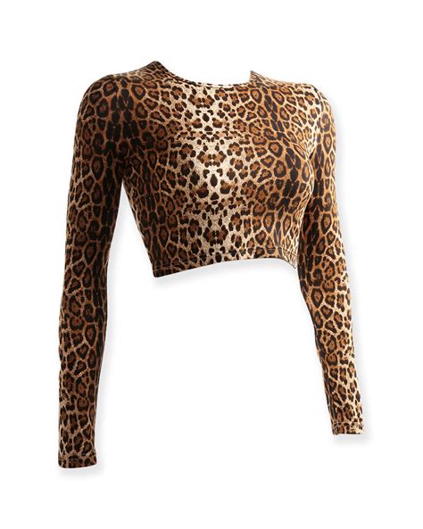 Leopard Animal Print Long Sleeve O Neck Crop Top Neon Nation