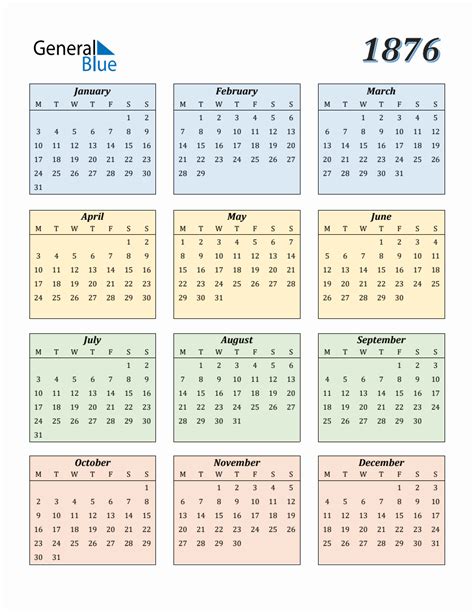 Calendar For Year 1876