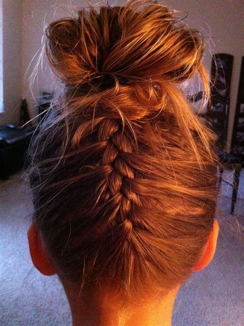 super cute updo french braid upside down with a messy bun braided hairstyles easy messy bun