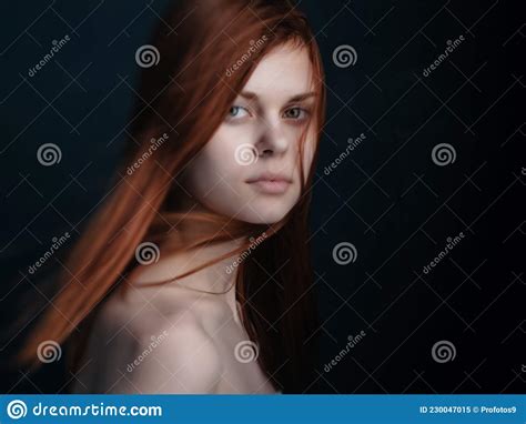 Red Haired Woman Naked Shoulders Clear Skin Dark Background Stock Image Image Of Caucasian