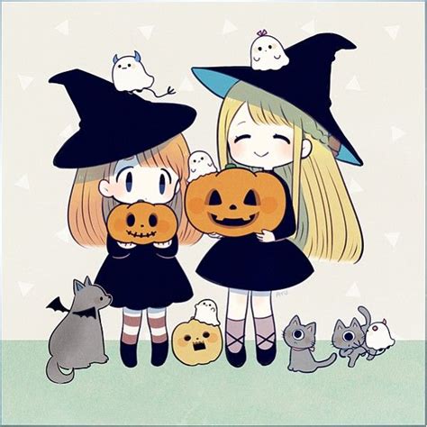 Halloween Anime Girls Ayu Kawaii Witch Ghost Devil Pumpkin Cats Cute Chibi Cyclops Trick Or