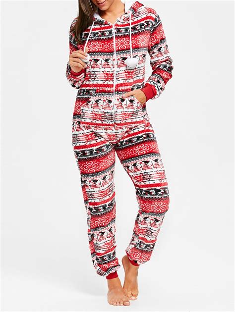 Hooded Zip Christmas Jumpsuit Sleepwear In RED ZAFUL 2024