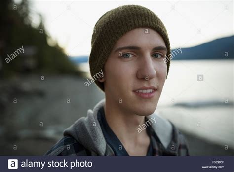 Close Up Portrait Young Man Wearing Beanie Lakeside Stock Photo Alamy