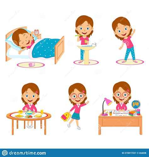 Cute Cartoon Little Girl Daily Routine Stock Vector Illustration Of
