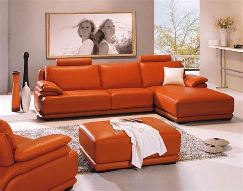 Orange Leather Sofas Bright Look With Warm And Comfortable Atmosphere Living Room Orange