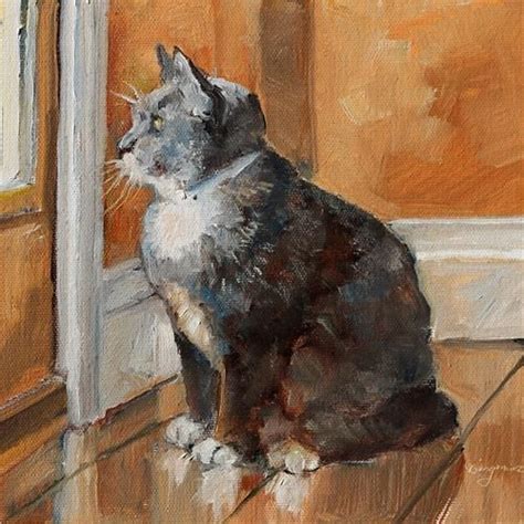 A Painting Of A Black And White Cat Sitting In Front Of An Open Door