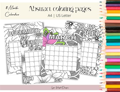 Pretty Floral 2023 Coloring Calendar Monthly Adult Coloring Etsy