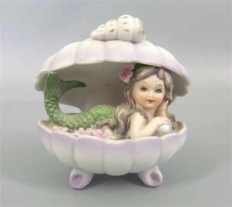 Vintage Lavender Porcelain Bisque Mermaid Figurine In Clam Shell