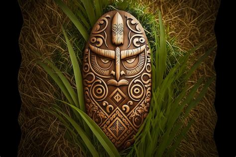 Premium Photo Hawaiian Idols And Totems Tiki Mask Made Of Wood Hidden In Thickets Of Forest