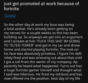 Just Got Promoted At Work Because Of Fortnite Gaming So The Other Day