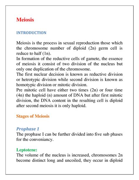 Short Note On Meiosis Lab Practical Notes Meiosis Introduction