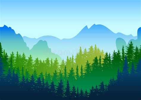 Vector Summer Or Spring Landscape Panorama Of Mountains Green Pine