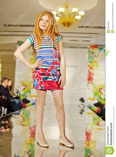 Girl Model In Colourful Gown At Podium Editorial Stock