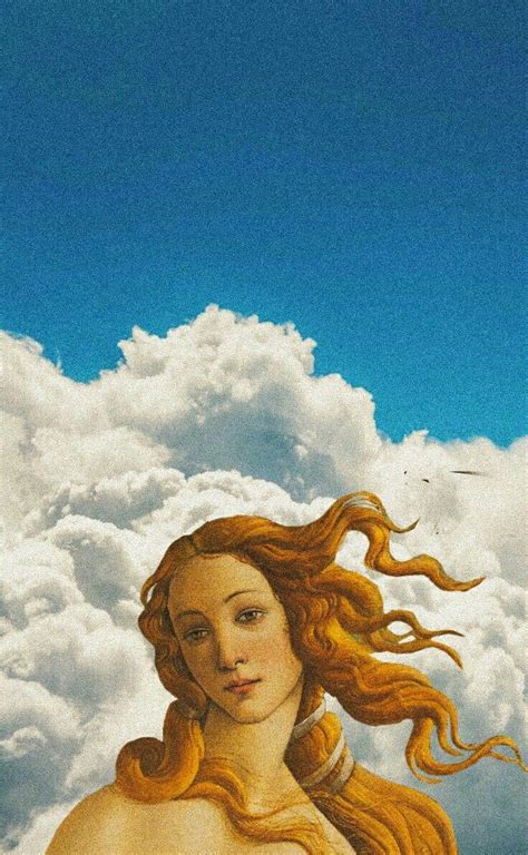 A Painting Of A Woman With Long Red Hair In Front Of The Sky And Clouds