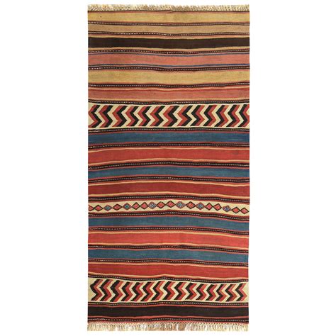 Modern Turkish Kilim Rug With Red And White Tribal Details On Striped