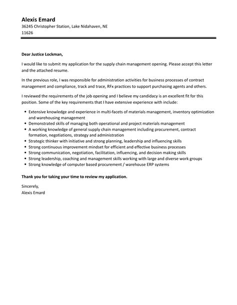 Supply Chain Management Cover Letter Velvet Jobs
