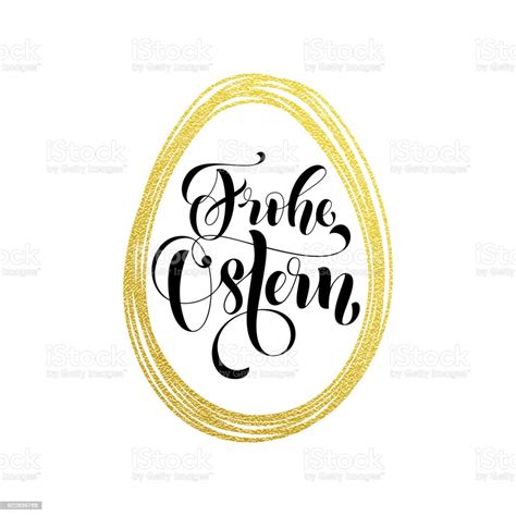 Happy Easter German Text Lettering And Gold Glittering Egg For Paschal Greeting Card Vector