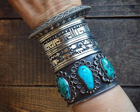 G Turquoise Cuff Bracelet For Small Wrist Heavy Wide Stacking Cuff
