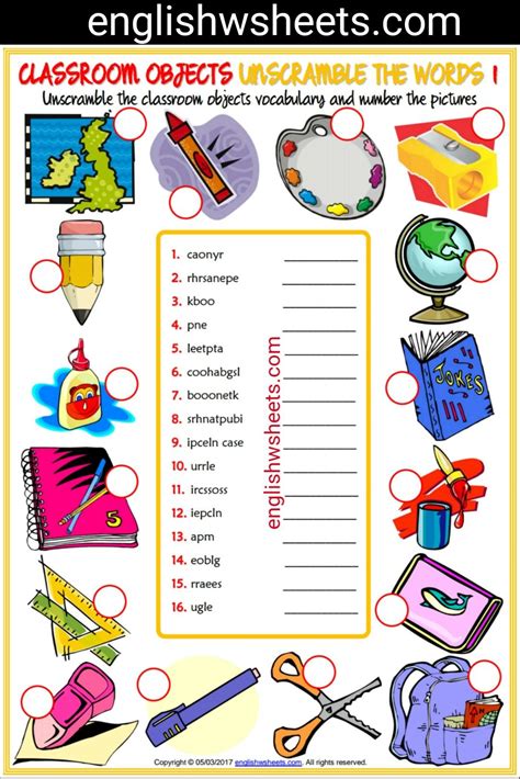 Free downloadable pdf worksheets for teachers: Classroom Objects Esl Printable Unscramble the Words ...