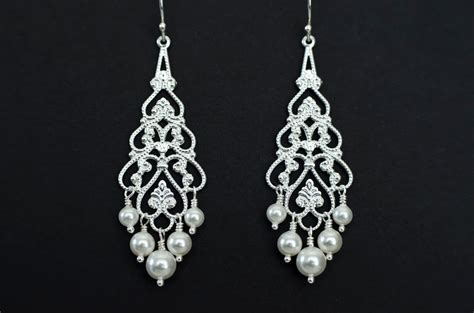 Bridal Chandelier Earrings Pearl Chandelier Earrings Silver Filigree