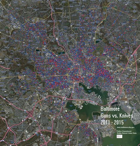 Guns vs. Knives, used to commit crimes, in Baltimore (2011 - 2015