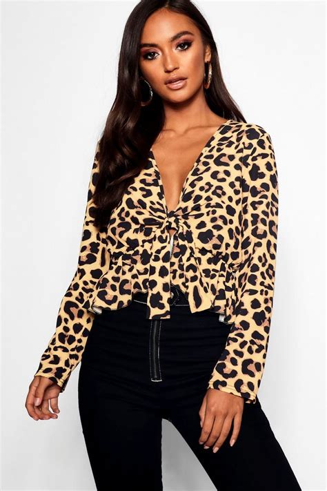 Petite Leopard Print Woven Drape Tie Front Top Shirt Blouse Designs