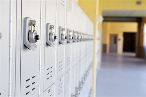 Close Up Of Student Lockers In High School Stock Photo Download Image