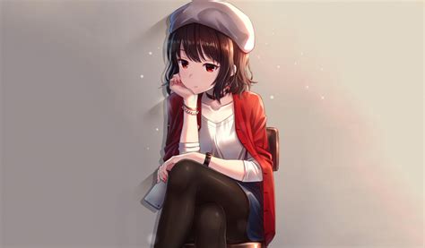 Download 1024x600 Wallpaper Red Eyes Cute Anime Girl Sit Original