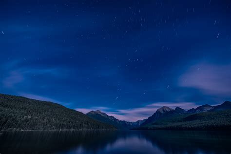 Blue Landscape Star Trails Stars Lake Mountains Nature Serene