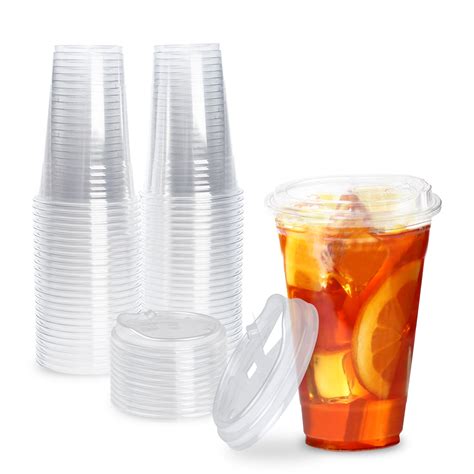100 Pack Disposable Strawless Plastic Cups With Lids 20 Oz Clear