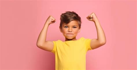 Premium Ai Image A Boy Flexes His Muscles On A Pink Background