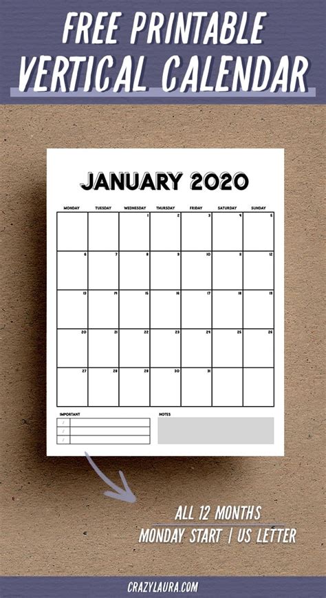 Printable Vertical Calendar In 2020 Monthly Calendar Printable Free
