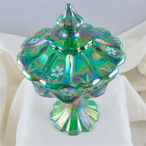 Fenton Spruce Green Painted Carnival Glass Lidded Candy Dish Ltd Edition Carnival Glass