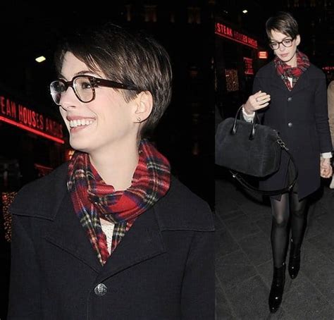 anne hathaway rocks chic nerdy look with plaid scarf in london