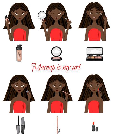 Dark Skinned Girl Before And After Applying Makeup Cartoon Style Stock