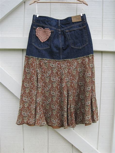 Boho Cowgirl Skirt Prairie Skirt Denim Heart Patch