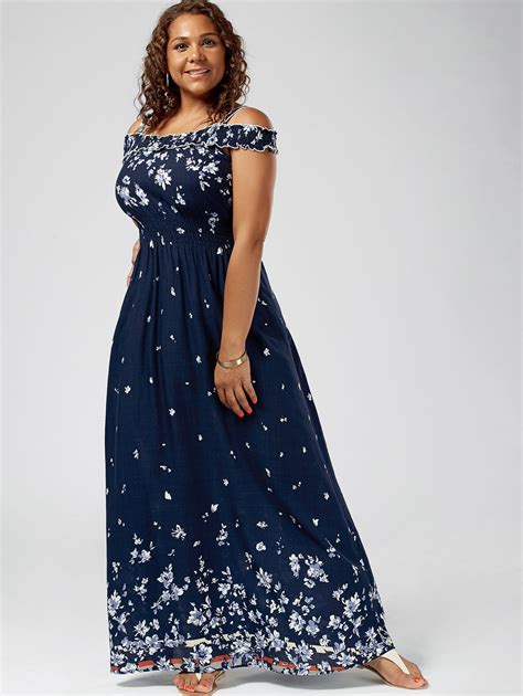 Gamiss Women Bohemian Summer Plus Size 5xl Floral Print Cold Shoulder Maxi Dress Empire Waist