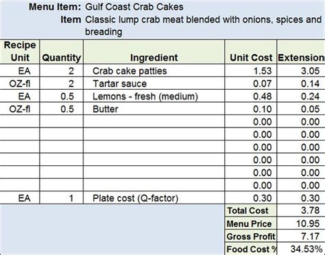 Standard Recipe Costing Sheet Ms Excel Templates