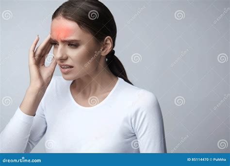Health Care Beautiful Woman Suffering From Head Pain Headache Stock