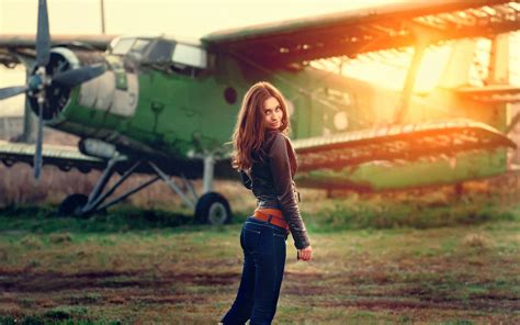 wallpaper brunette leather jackets tight clothing jeans denim airplane women outdoors