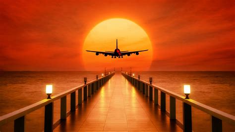 Airplane Sunset Horizon 5k Sunset Sea Sunset Wallpaper Airplane