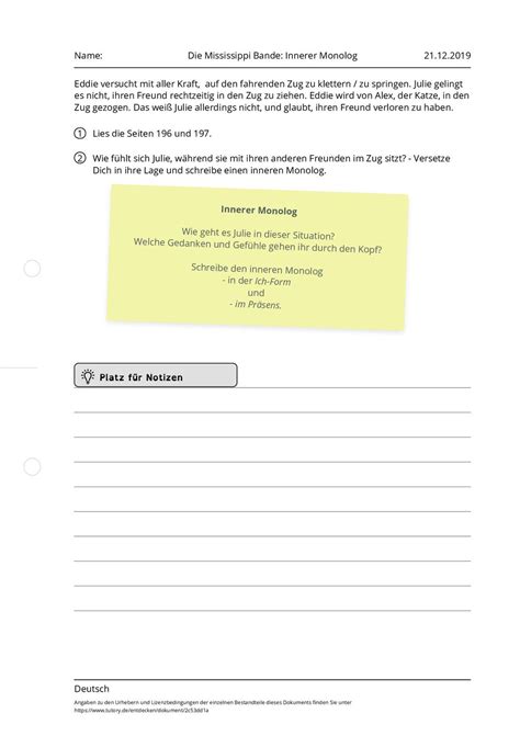 Ein innerer monolog gibt uns tiefe einblicke in der innere monolog erweckt den anschein, als ob er als stummer monolog von niemandem gehört würde innerer monolog beispieltexte. Arbeitsblatt - Die Mississippi Bande: Innerer Monolog ...