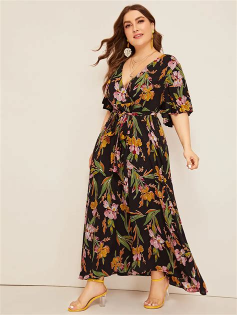 Plus Surplice Wrap Botanical Dress SHEIN Plus Size Dresses India