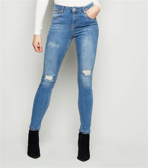 Womens Blue Skinny Mid Rise Ripped Denim Jeans Aa Sourcing Ltd