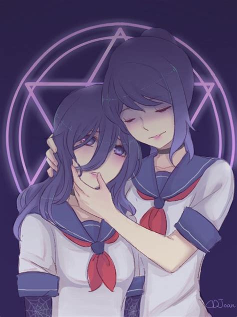 Two Anime Girls Hugging Each Other In Front Of A Neon Pentagramil With