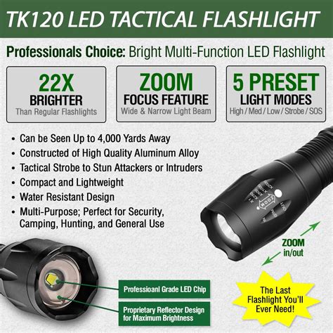Tactical Led Flashlight With Strobe Light Feature For Self Defense Tk120