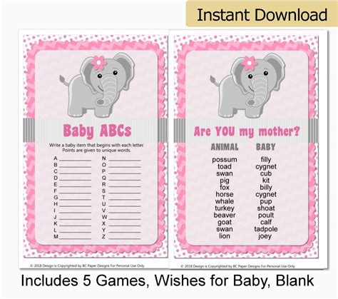 Printable Elephant Baby Shower Games Pink Elephant Baby Etsy
