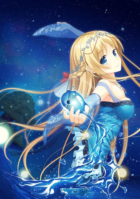 Fond Décran Illustration Blond Nuit Cheveux Longs Anime Filles Anime Yeux Bleus Eau
